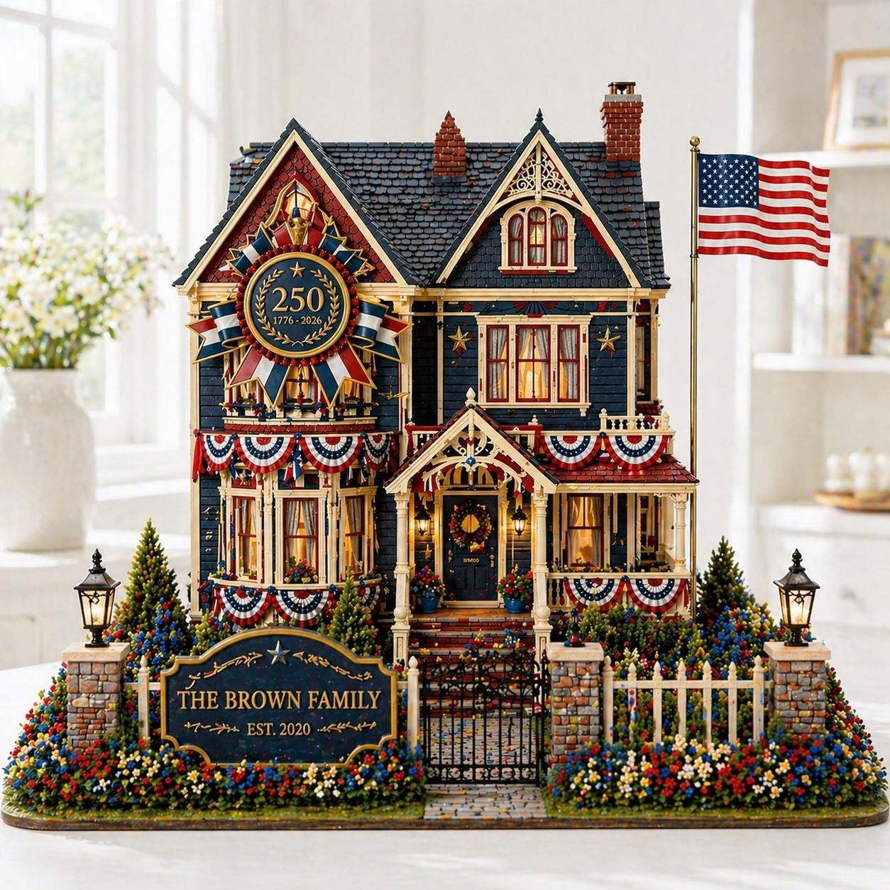 Personalized Patriotic House Wooden Block, Custom Family Name Sign, 4th of July
