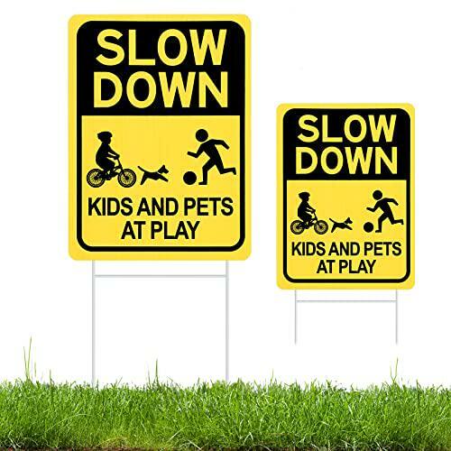 Slow down Sign with Metal Stake, Kids and Pets at Play Sign, 16″ X 12″ Corrugate