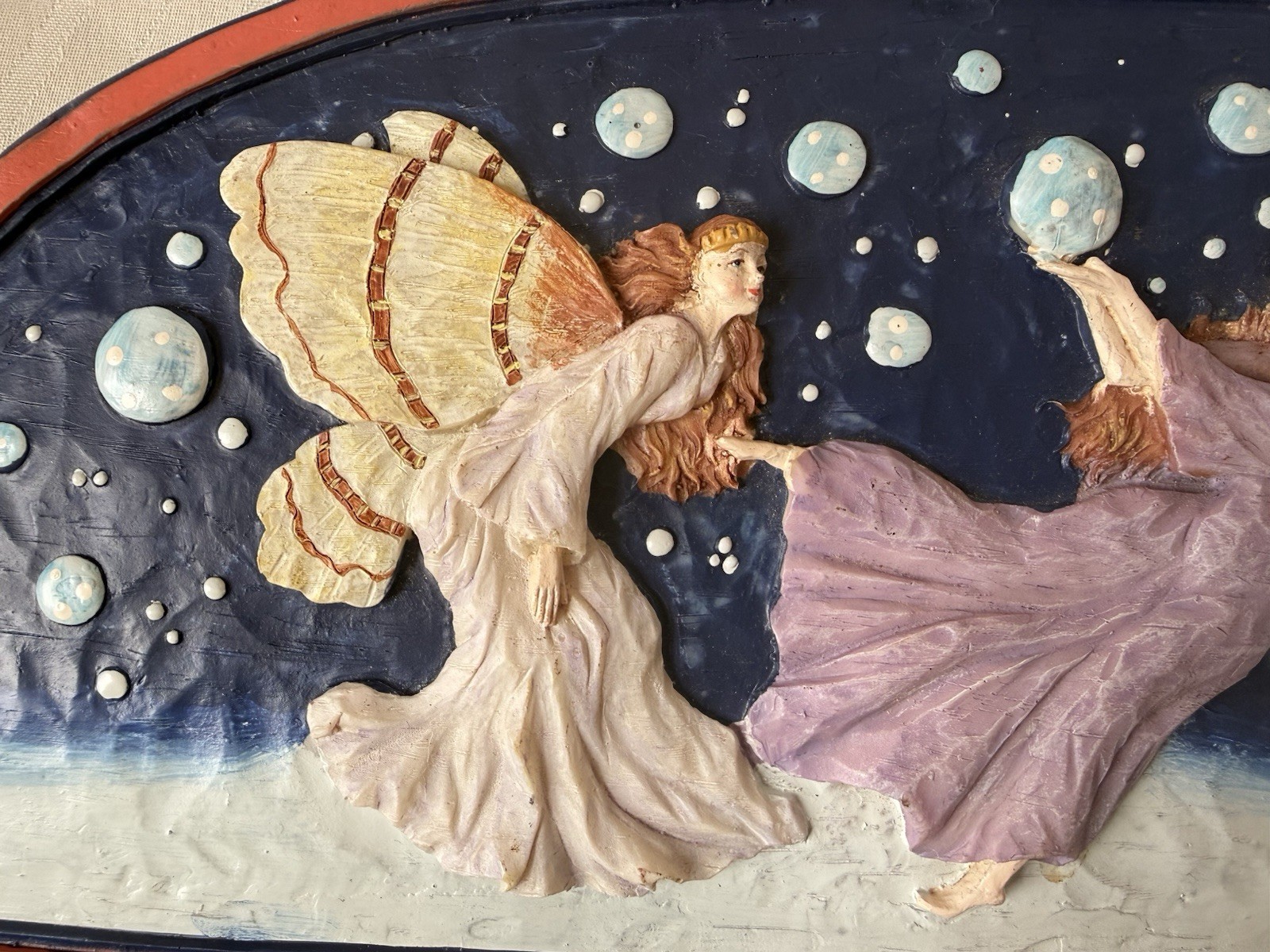 Vintage Multicolor Playing Dancing Fairy Sculptured Resin Moon Wall Art
