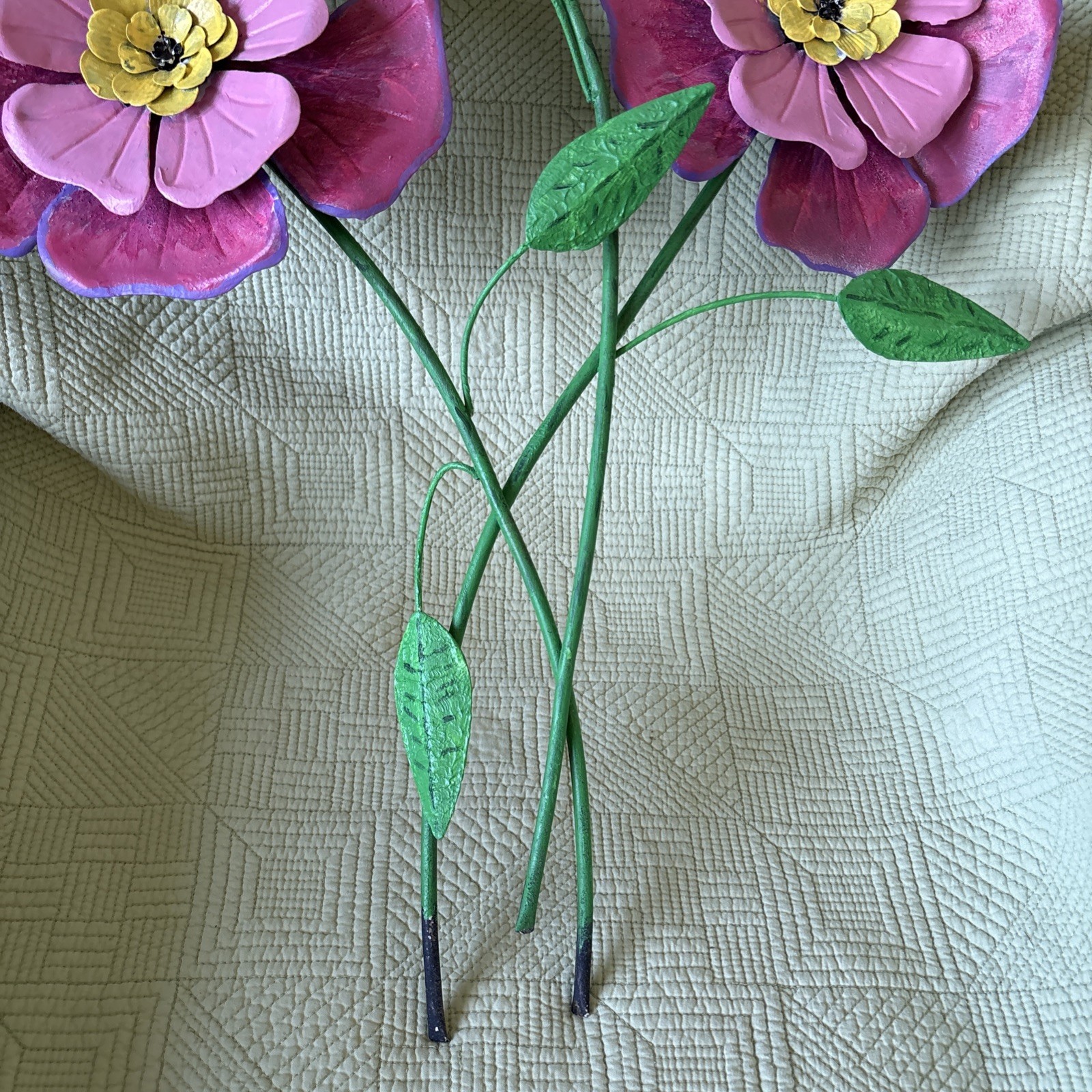 3 Large Pink Metal Flowers Wall Hanging In/Outdoor 26” Tall Flowers 8” Diameter
