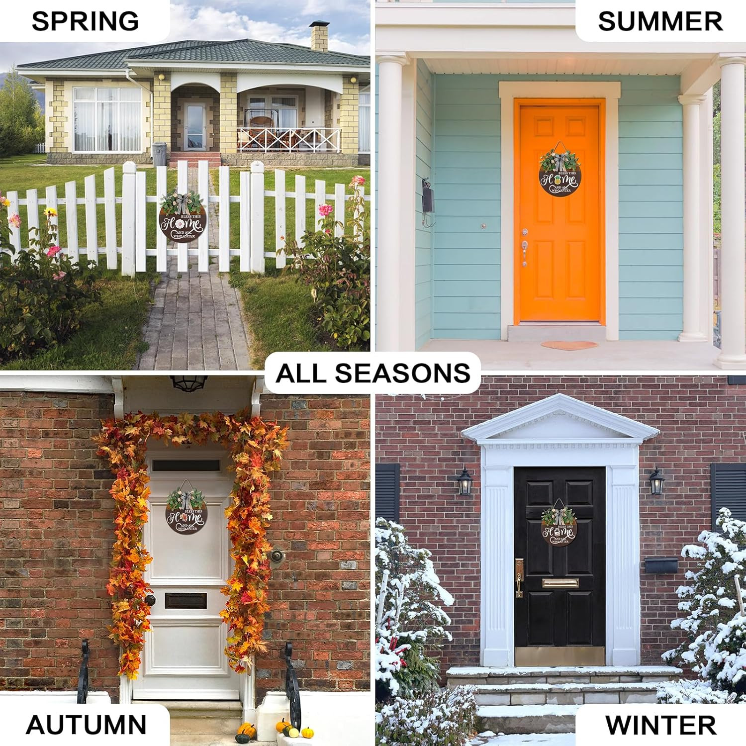 Interchangeable Seasonal Welcome Sign for Front Door, Rustic round Wood Wreath W