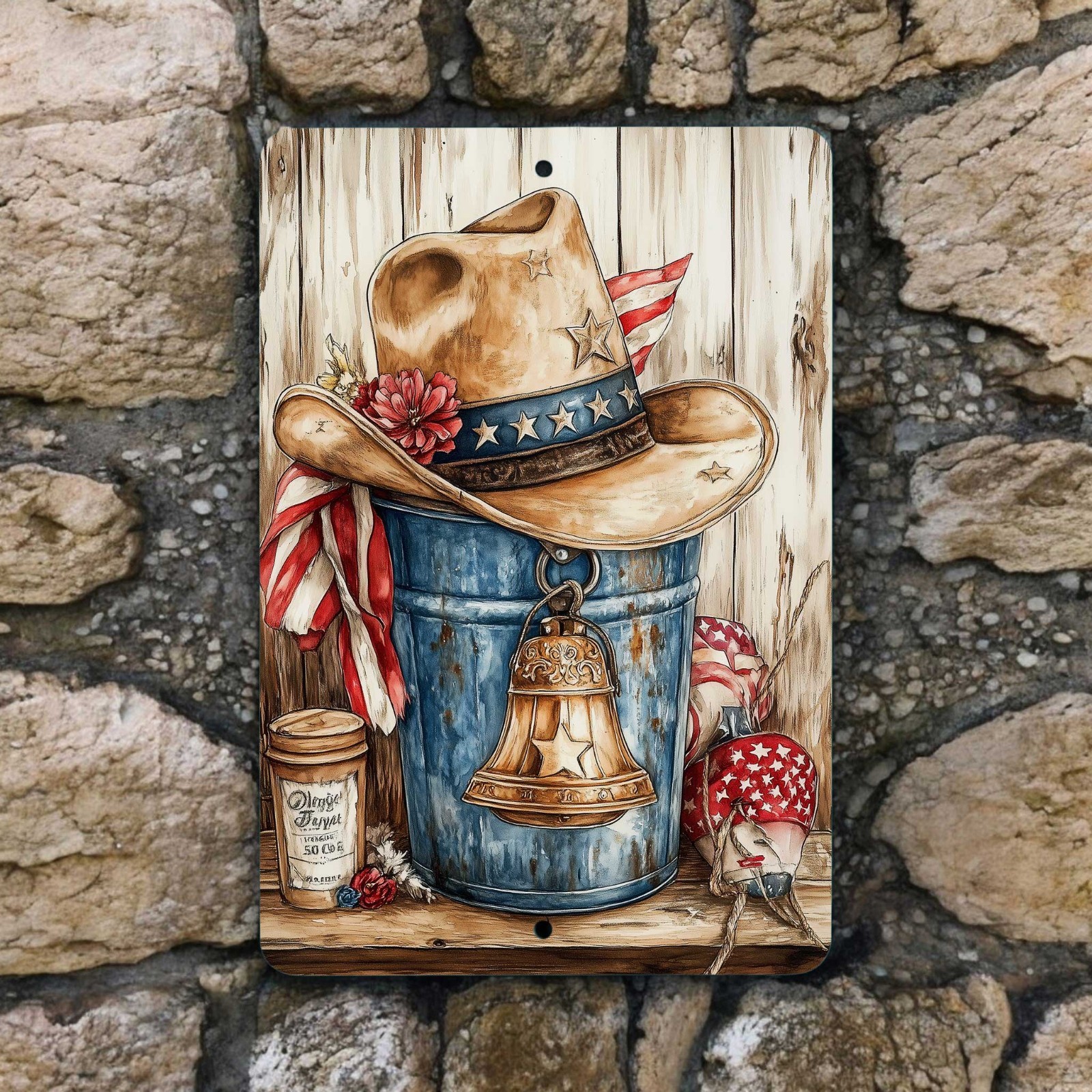 Patriotic Cowboy Hat Metal Sign 8×12 – Rustic Western Americana Decor