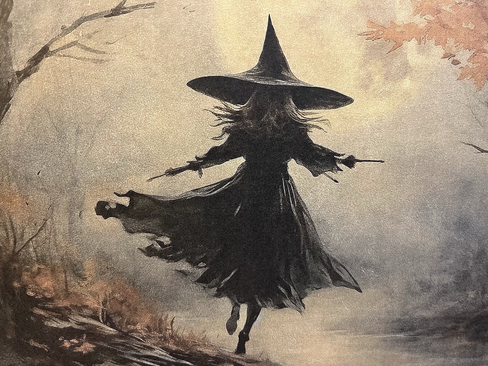 Walking Away Witch, River, Vintage Halloween Handcrafted Plaque / Sign