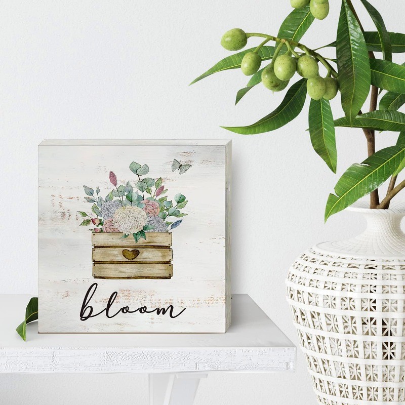 Bloom Floral Wooden Box Sign Rustic Spring Flowers Home Office Decor Plaque
