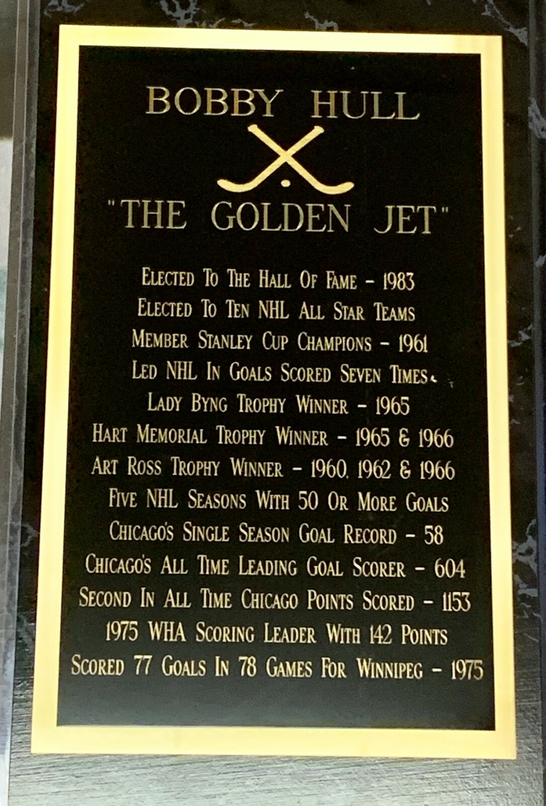 Bobby Hull Chicago Blackhawks”The Golden Jet” Gold Unique Black Marble Plaque