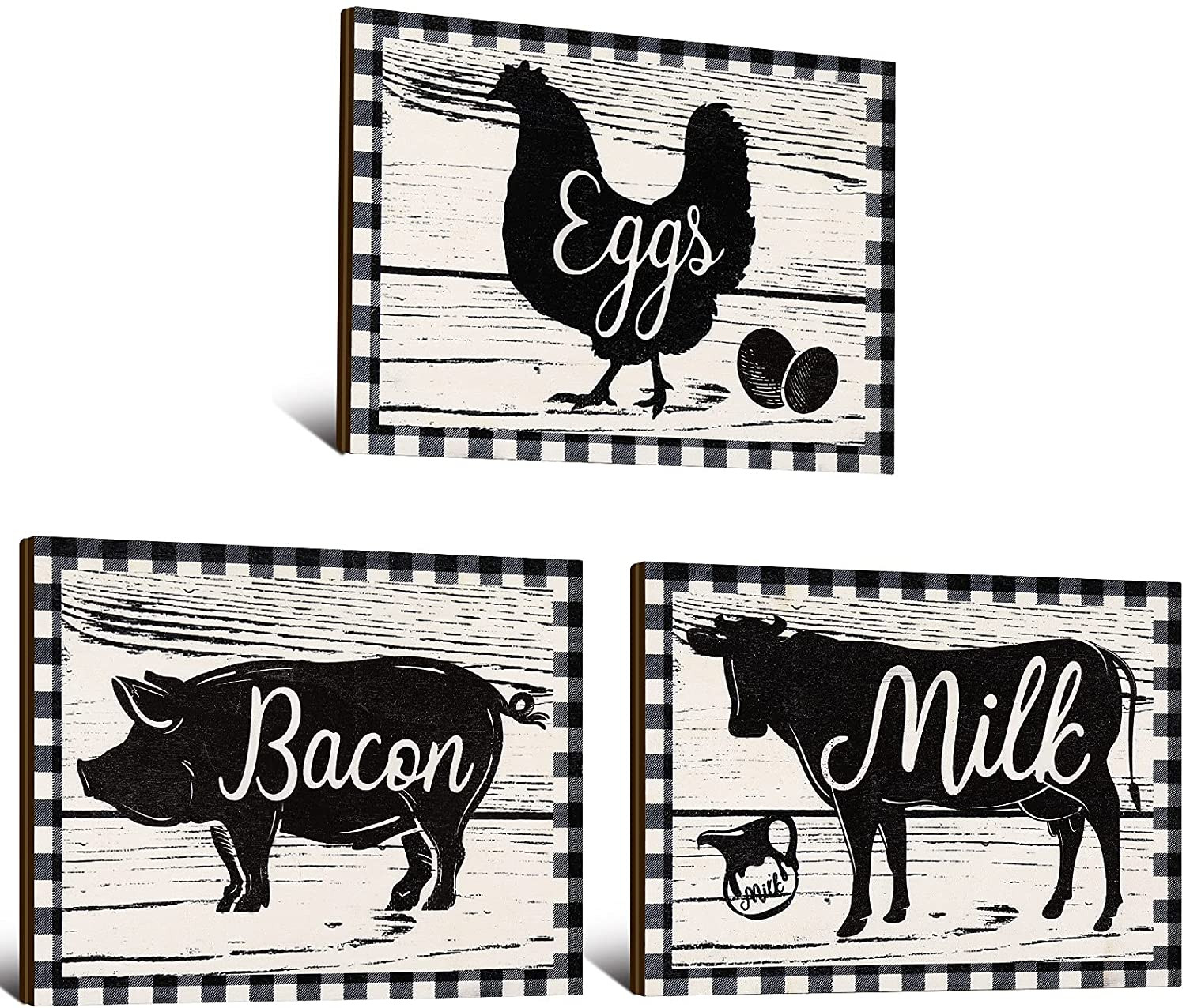 3 Pieces Farmhouse Kitchen Decor Wooden Pig Cow Chicken Signs Rustic Buffalo Pla