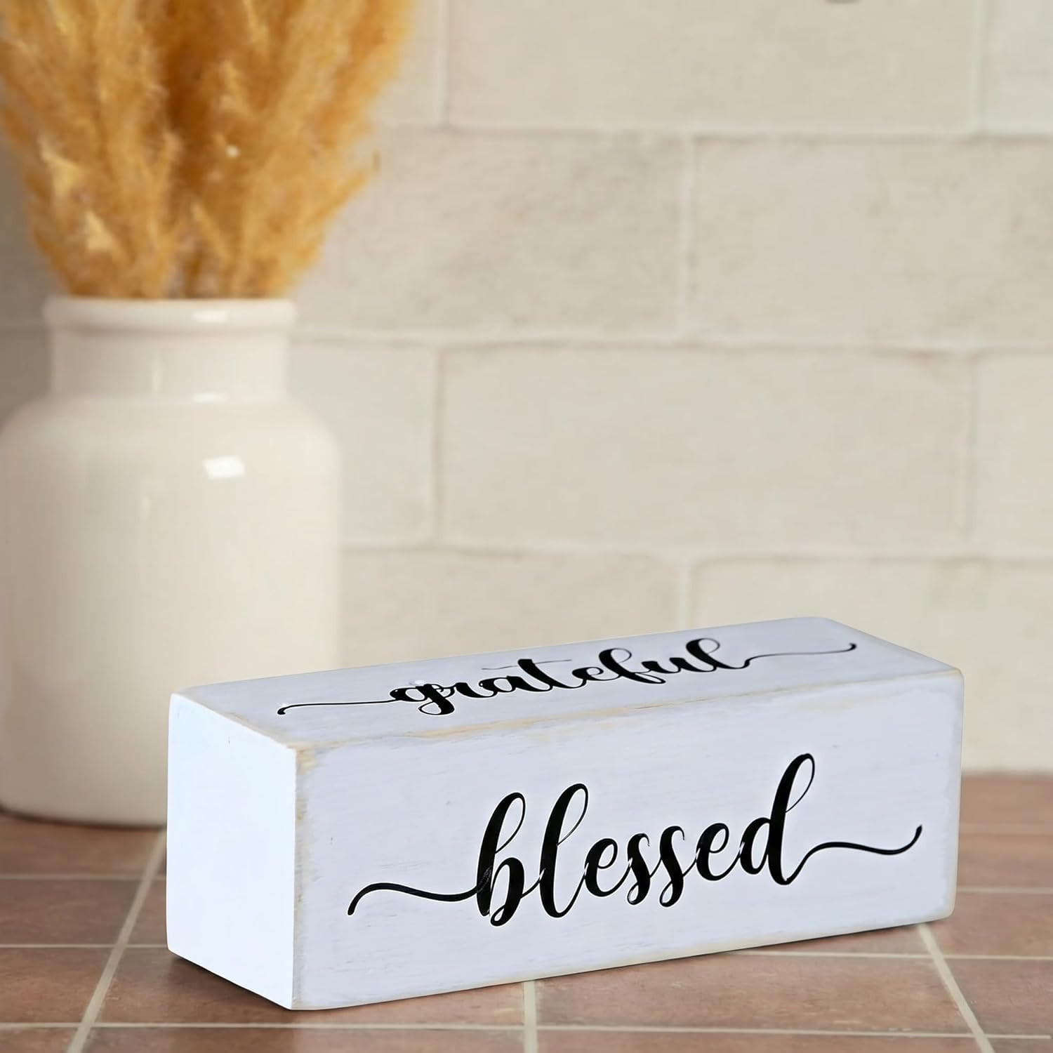 Four-Sided Wooden Block Decor Rustic Inspirational Tabletop Sign with Blessed, G