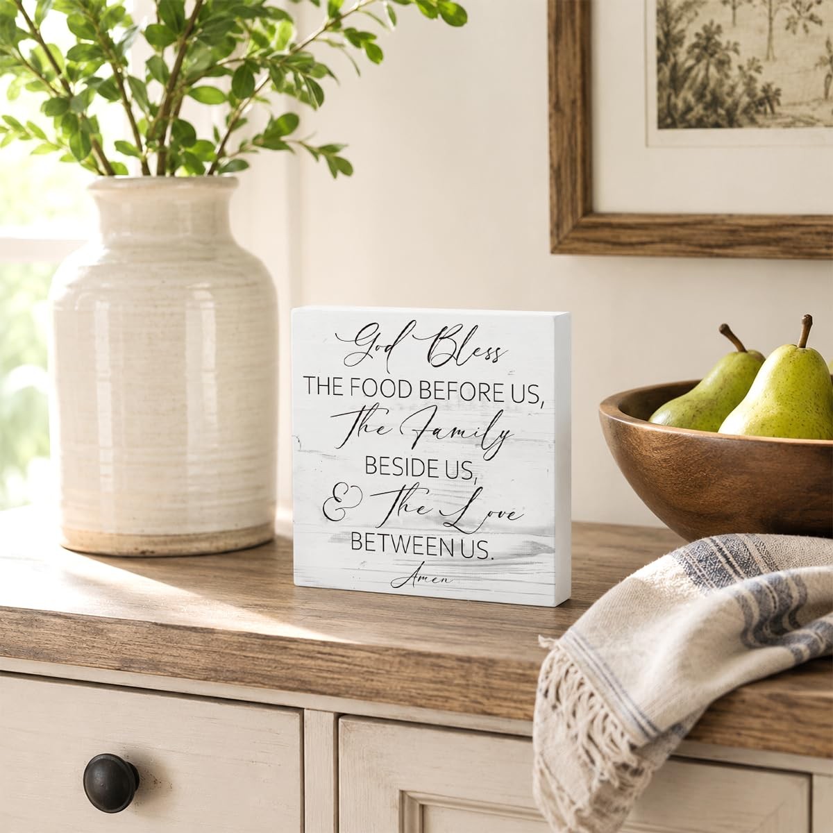 Christian Kitchen Decor, God Bless the Food Before Us Sign, White Wooden Box …