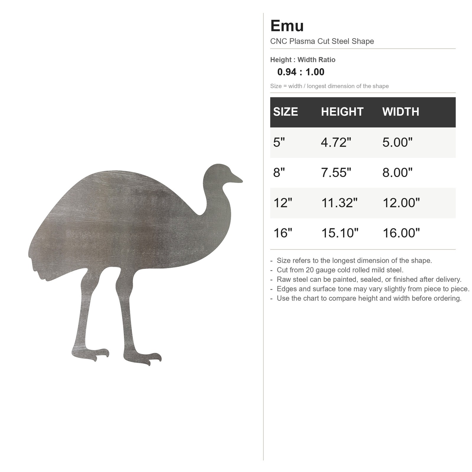 Emu Steel Cutout Shape, Raw Metal Wall Art and Craft Supply
