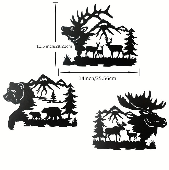 3pcs Metal Wildlife Wall Art Bear Elk Moose for Cabin Rustic Home Decor