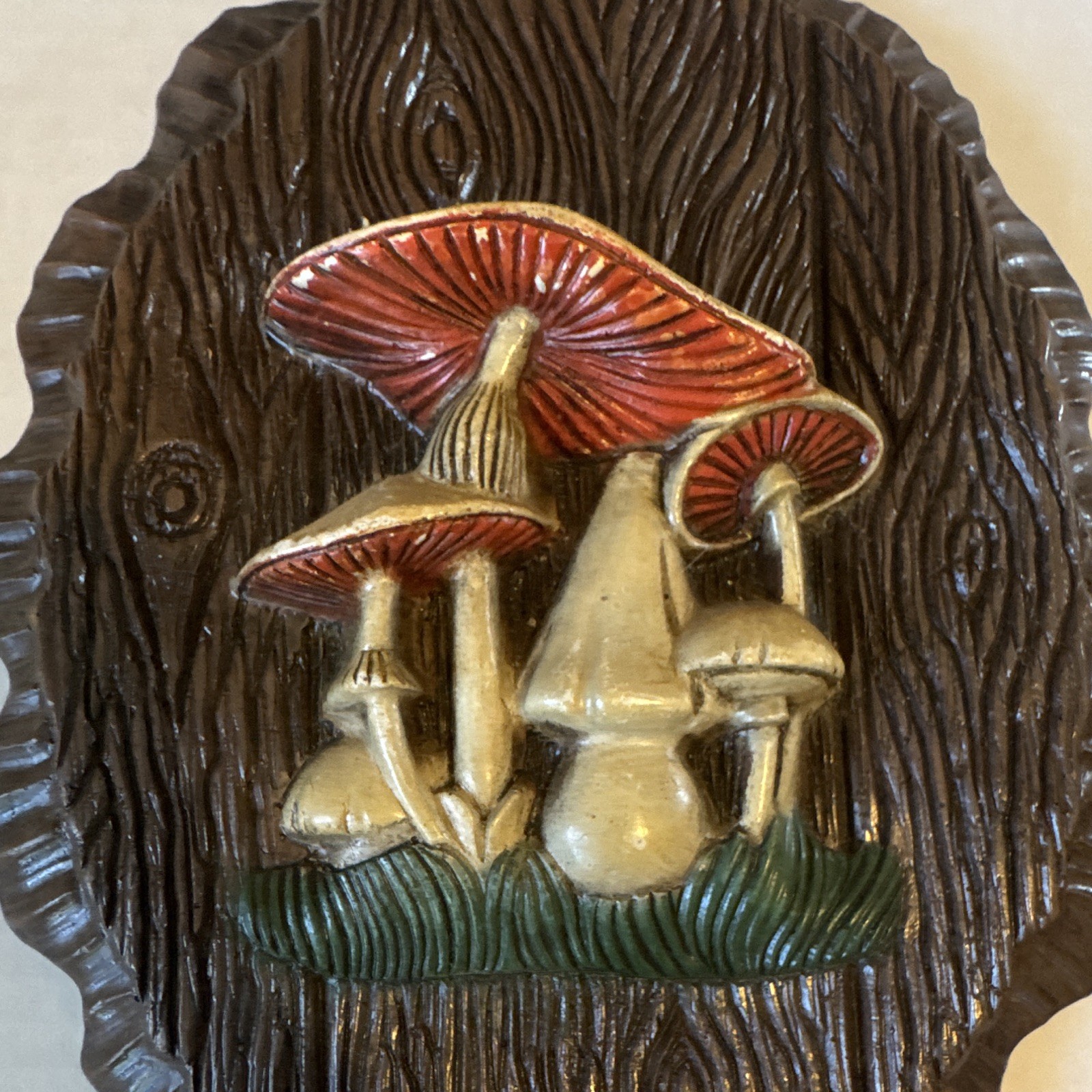 Set of 2 vintage 3D Mushroom Oval Wall Plaques Painted Wood Grain Hanging 70s