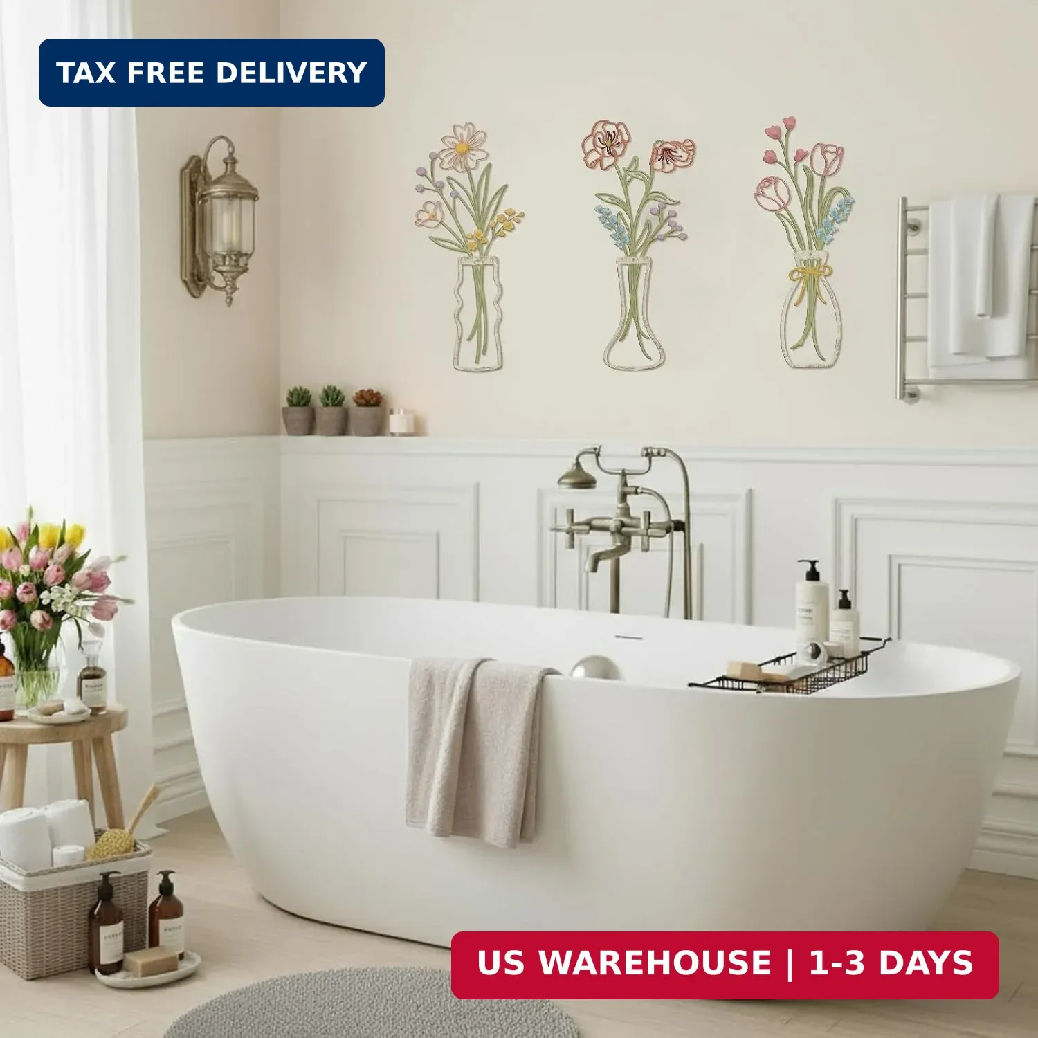 Frienda 3 Pcs Metal Floral Wall Art Flowers Bathroom Decor Boho Floral Wall Hang
