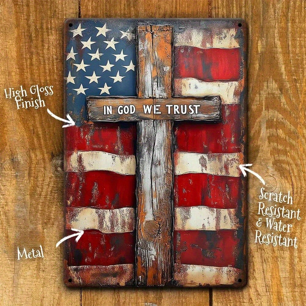 TIN SIGN American Flag with Cross Patriotic Sign Rustic Distressed Metal Decor