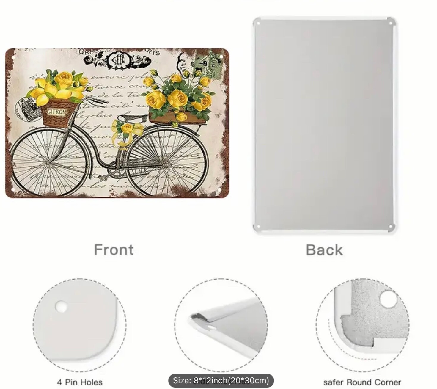 French Country Metal Sign LEMONS, ROSES AND BICYCLE 8 x 12