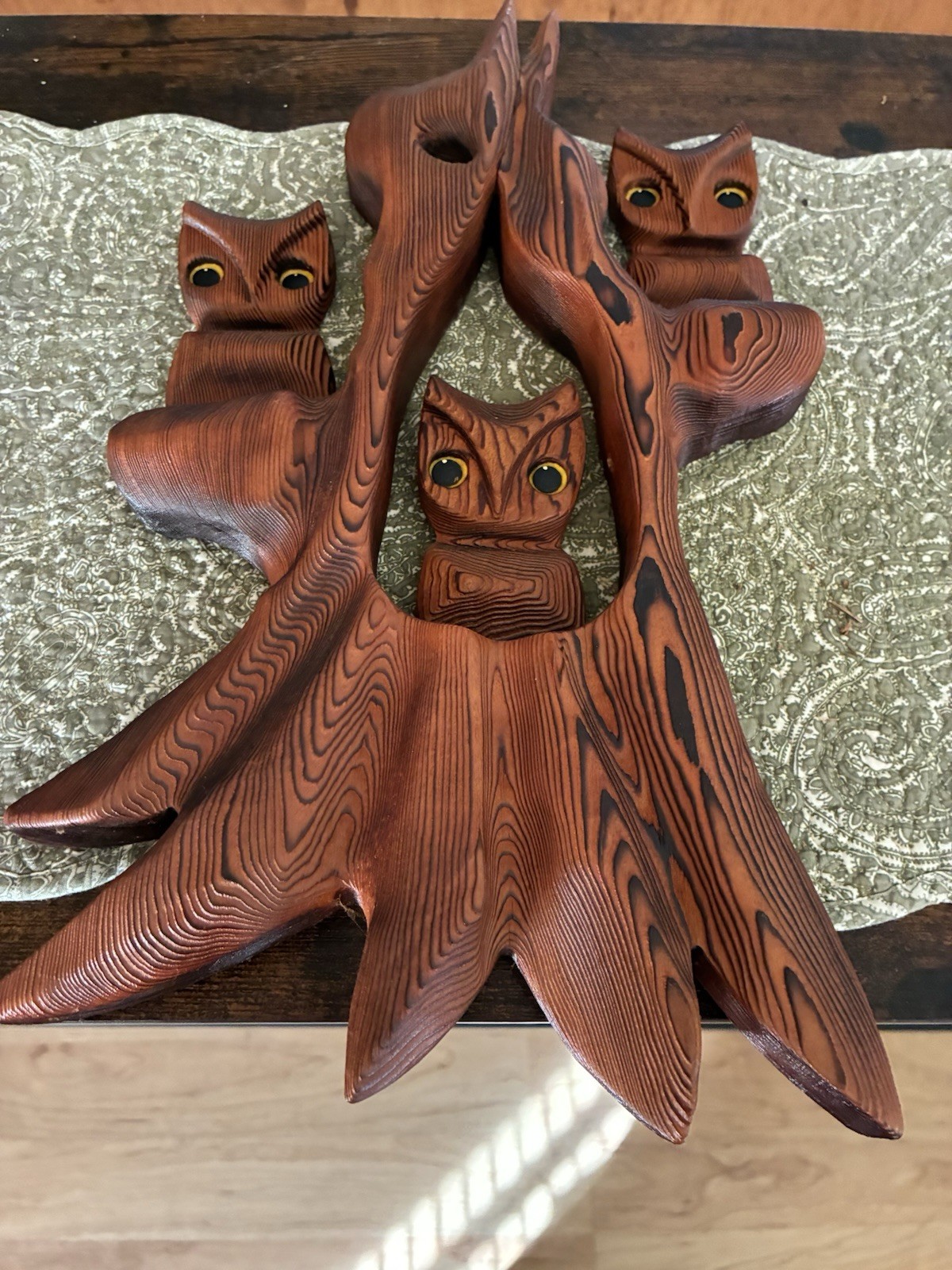 Vintage Wooden Owl Wall Plaque Trio Carved Rustic Decor Country Decor
