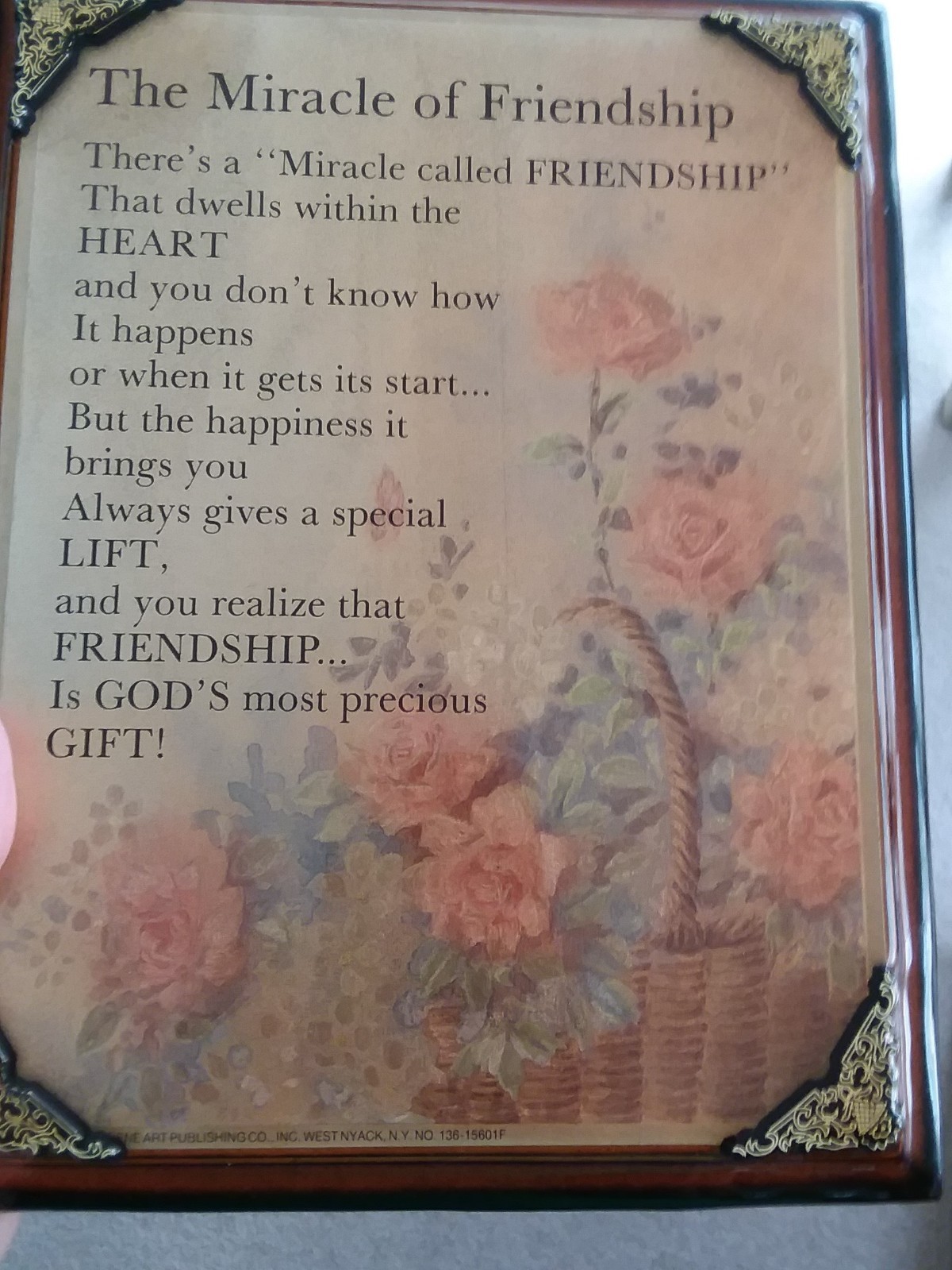 Vintage Glossy Wood Plaque “The Miracle Of Friendship” Foil Roses 9.25 x 7.25