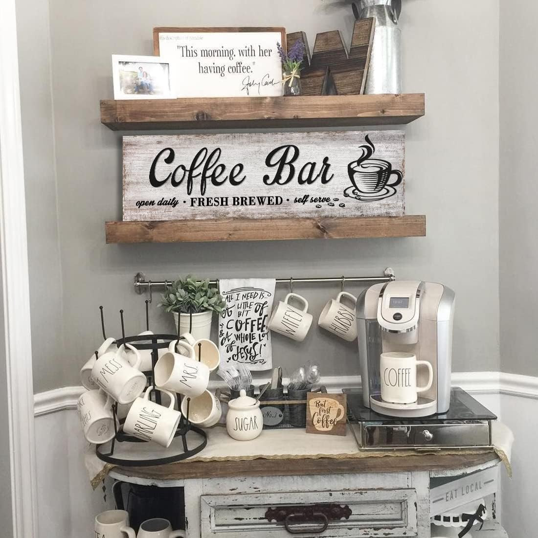 Rustic Wood Grain Coffee Station Decor – Retro Coffee Bar Signs for Kitchen – Se