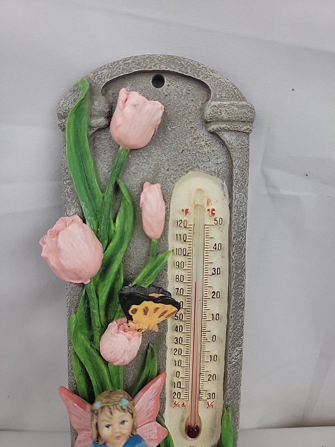Resin Wall Fairy, Butterflie & Pink Lilies Plaque Thermometer
