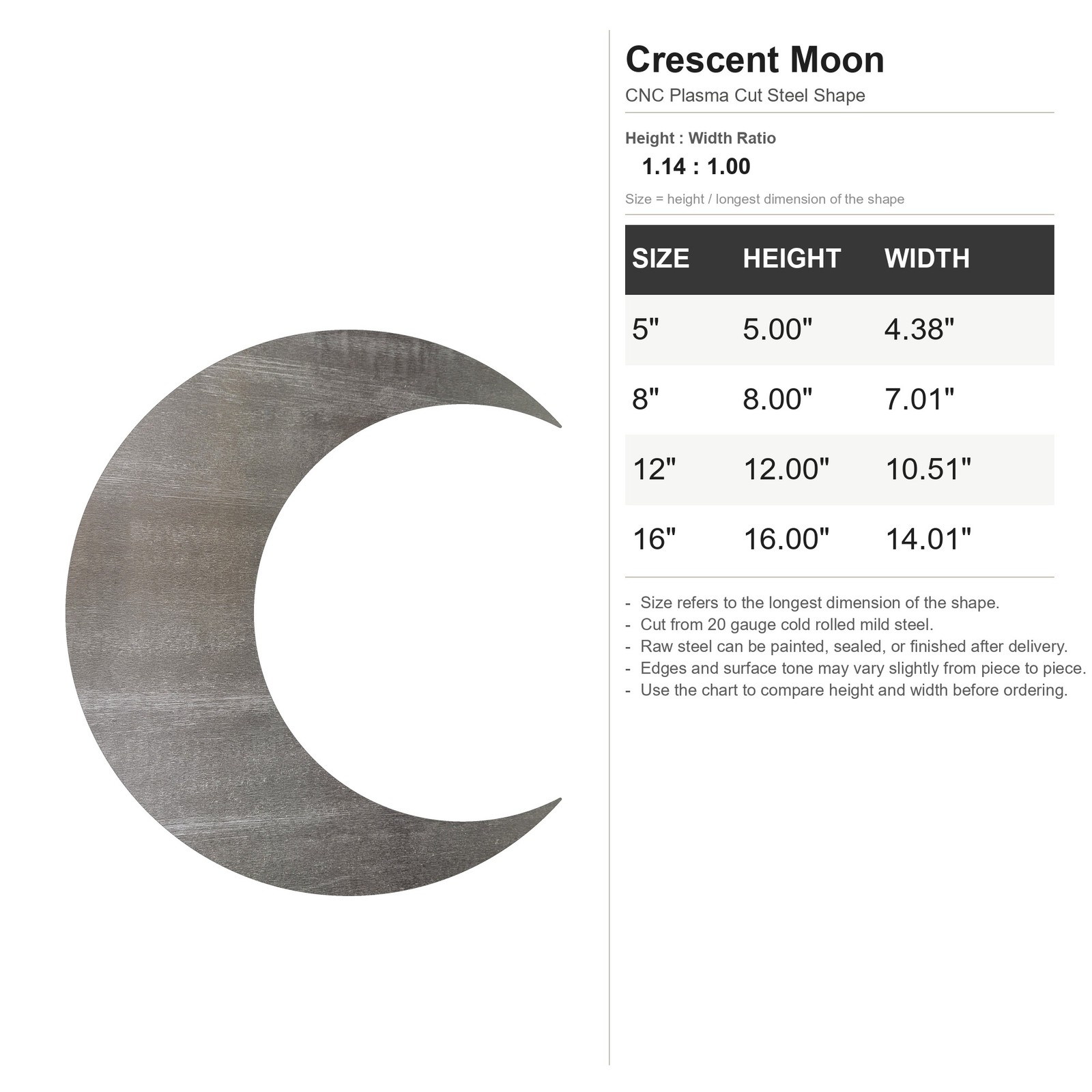 Crescent Moon Steel Cutout Shape, Raw Metal Wall Art and Craft Supply