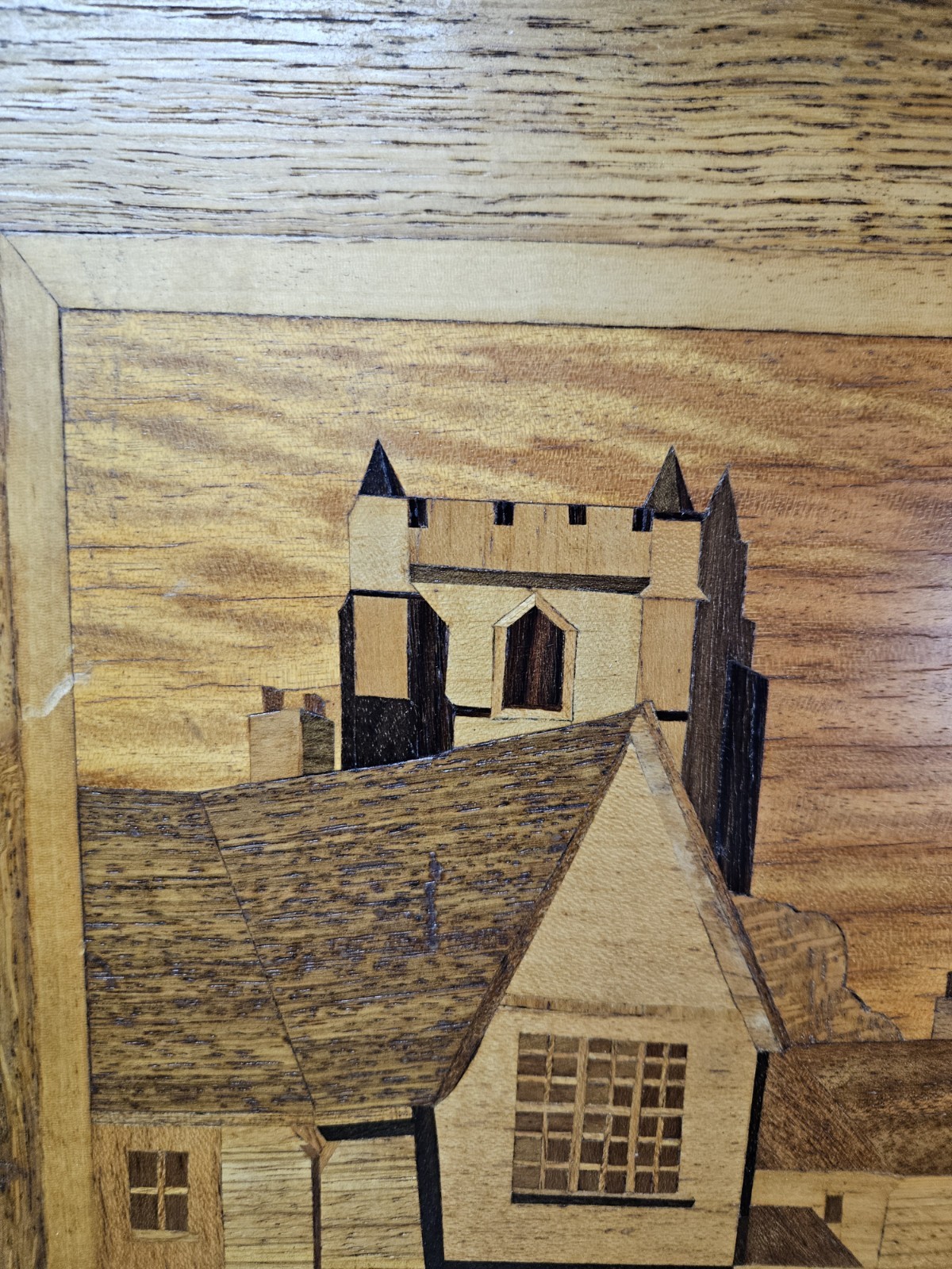 Vintage Wood Marquetry Inlay Village Scene Wall Art England Nov 1955 Framed