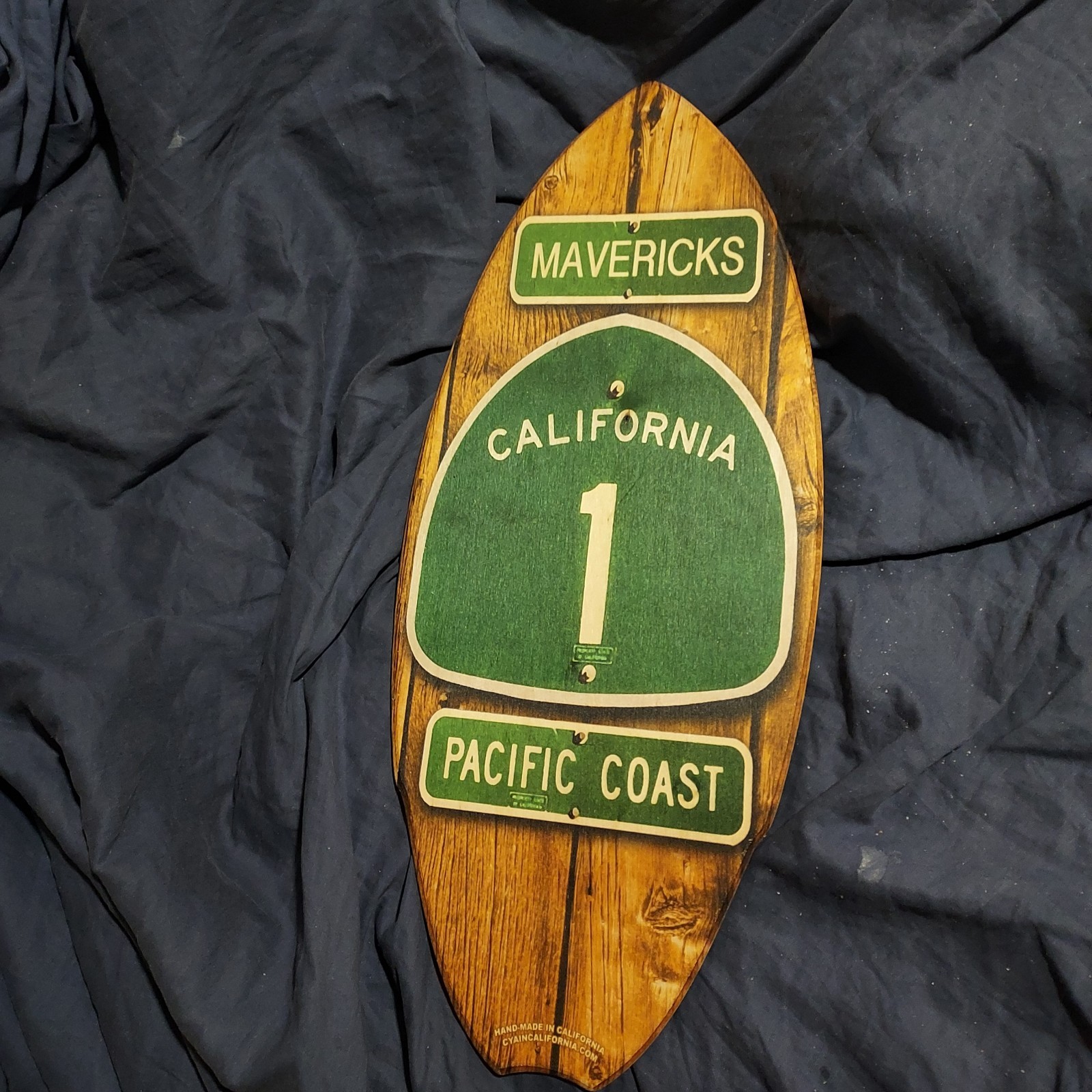 Mini Wooden Surfboard – Half Moon Bay Mavericks – California Surfing Art
