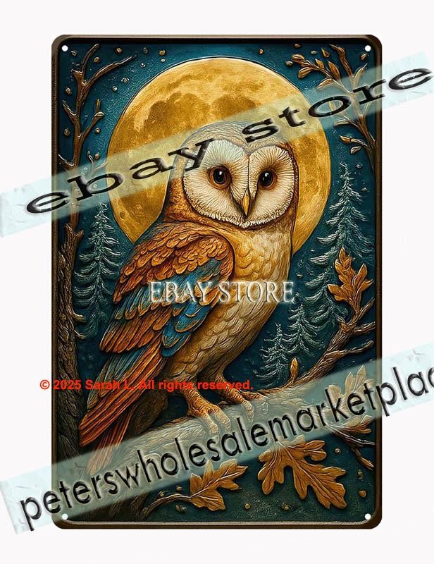 Celtic Owl Moon Tin Sign Mystical Night Wall Art