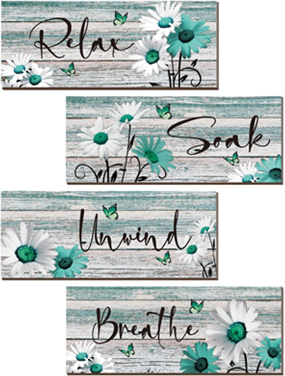4 Pcs Farmhouse Bathroom Wall Decor Teal Daisy Floral Flowers and Turquoise B…