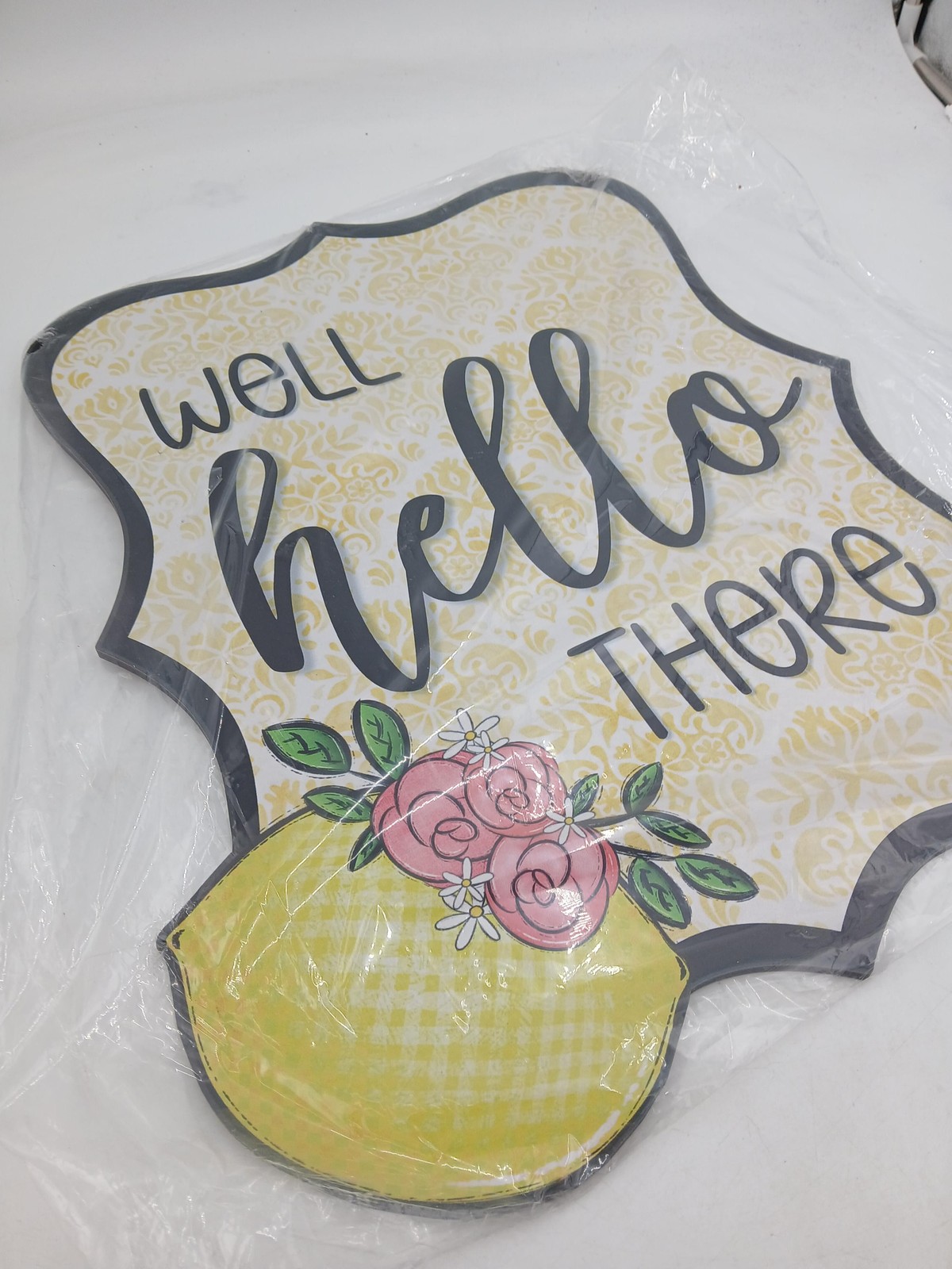 Well Hello There Wall Sign Medium Lemon Floral MDF Printed Decor Plaque Door 21″