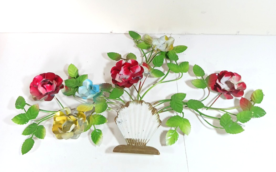 Vintage French Tole Metal Toleware Flowers Wallhanging Cottage Decor 20″