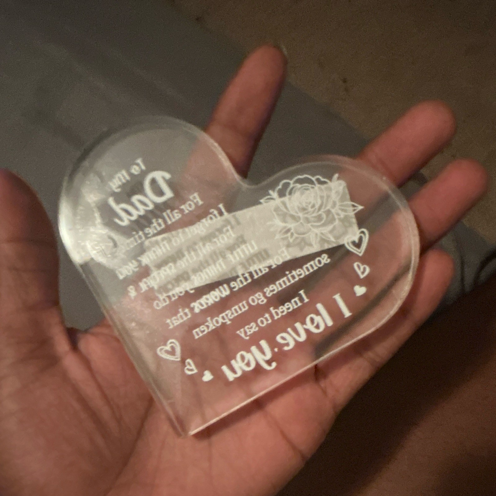 Clear Acrylic Heart Plaque for Dad, Engraved Freestanding Decorative Sign