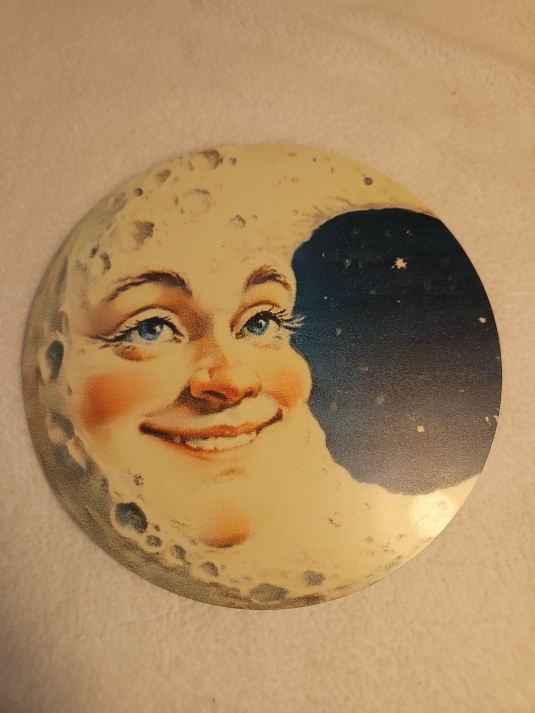 Smiling Half Moon Face Decorative Sign Aluminum Vintage Look