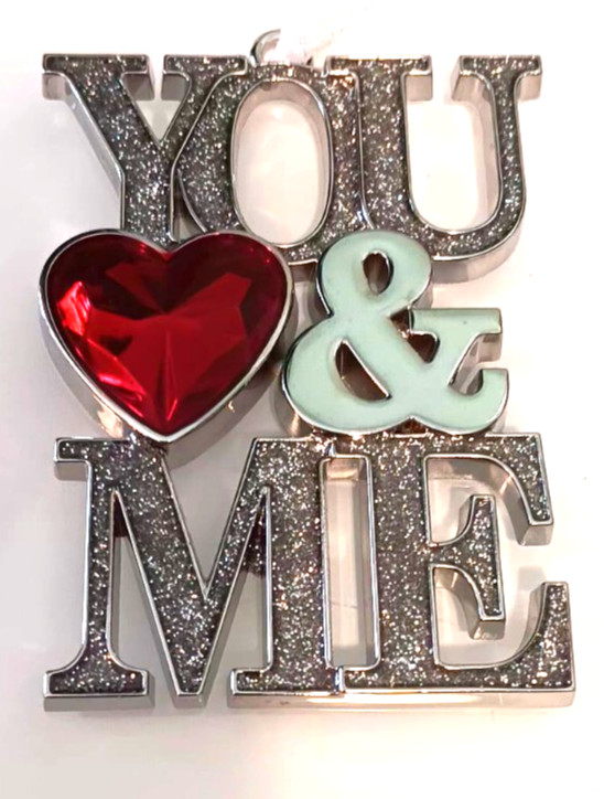 You and Me hanging decorative sign. Silver plated metal and acyrlic heart