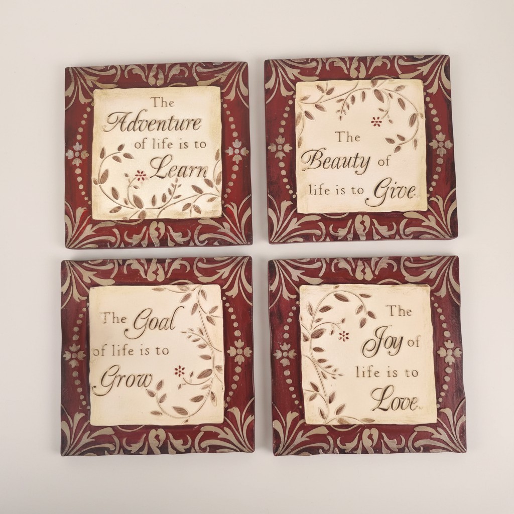 Inspirational Wall Plaques Set 4 Floral Quote Decor Resin 5.4″ Hanging Art