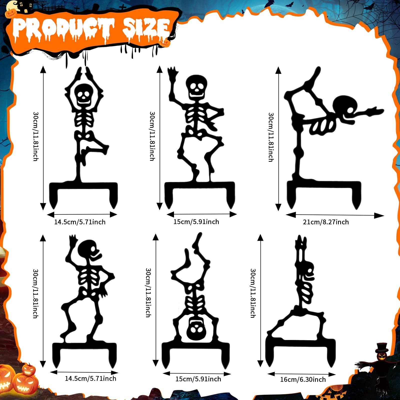 6 Pack Halloween Yard Stake 11.8″ Metal Skeleton Garden Stakes Black Hallowee…