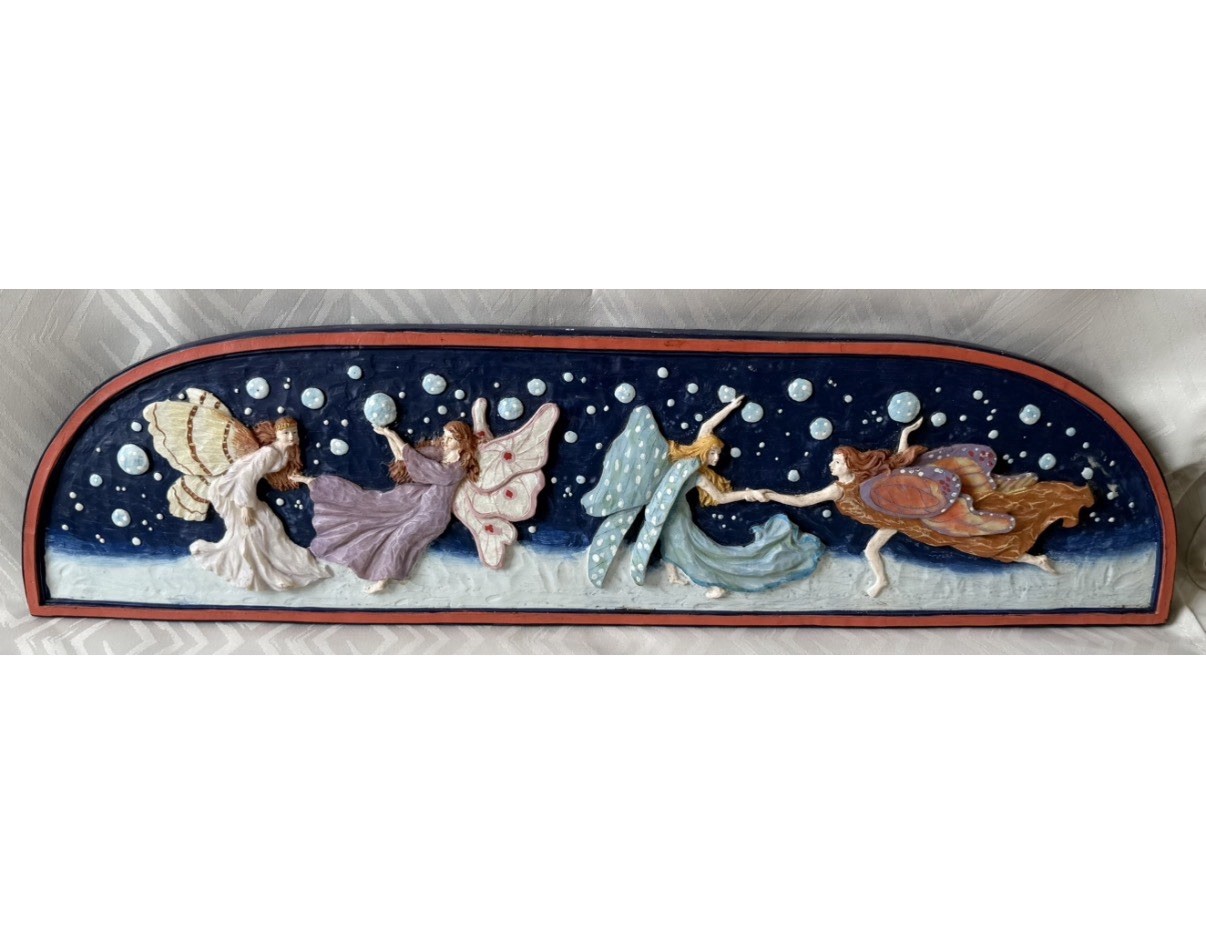 Vintage Multicolor Playing Dancing Fairy Sculptured Resin Moon Wall Art
