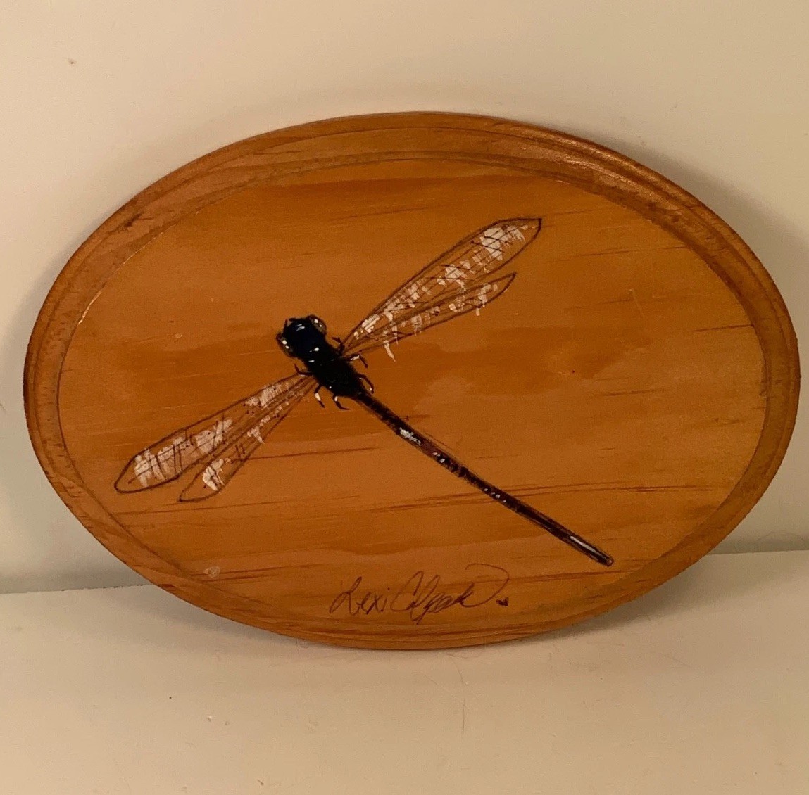 Vintage Hand Painted Wood Dragonfly Plaque Signed 7 in.
