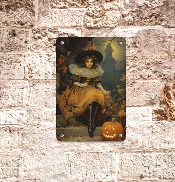 Vintage Victorian Fall Pumpkin Witch Sign Halloween Wall Decor 8×12 NEW