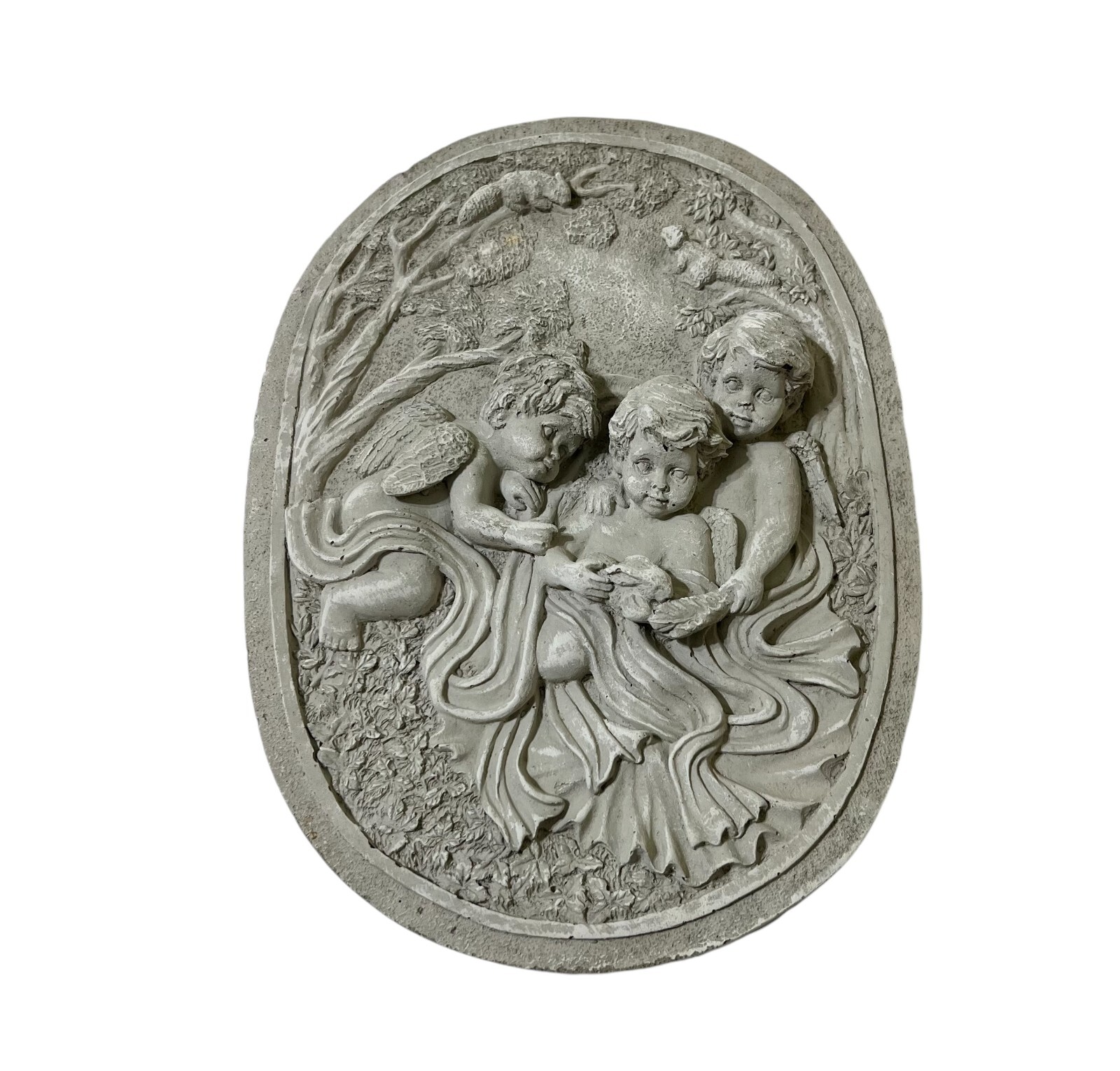 Cherub Angels Wall Plaque Plaster 11.5″ x 8.5″ Decor Lt Gray 3D Textured Angels