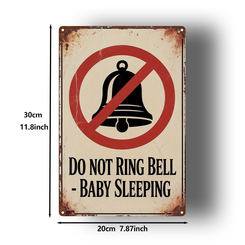 Distressed metal sign featuring no-ring bell graphic for nursery entrance decor
