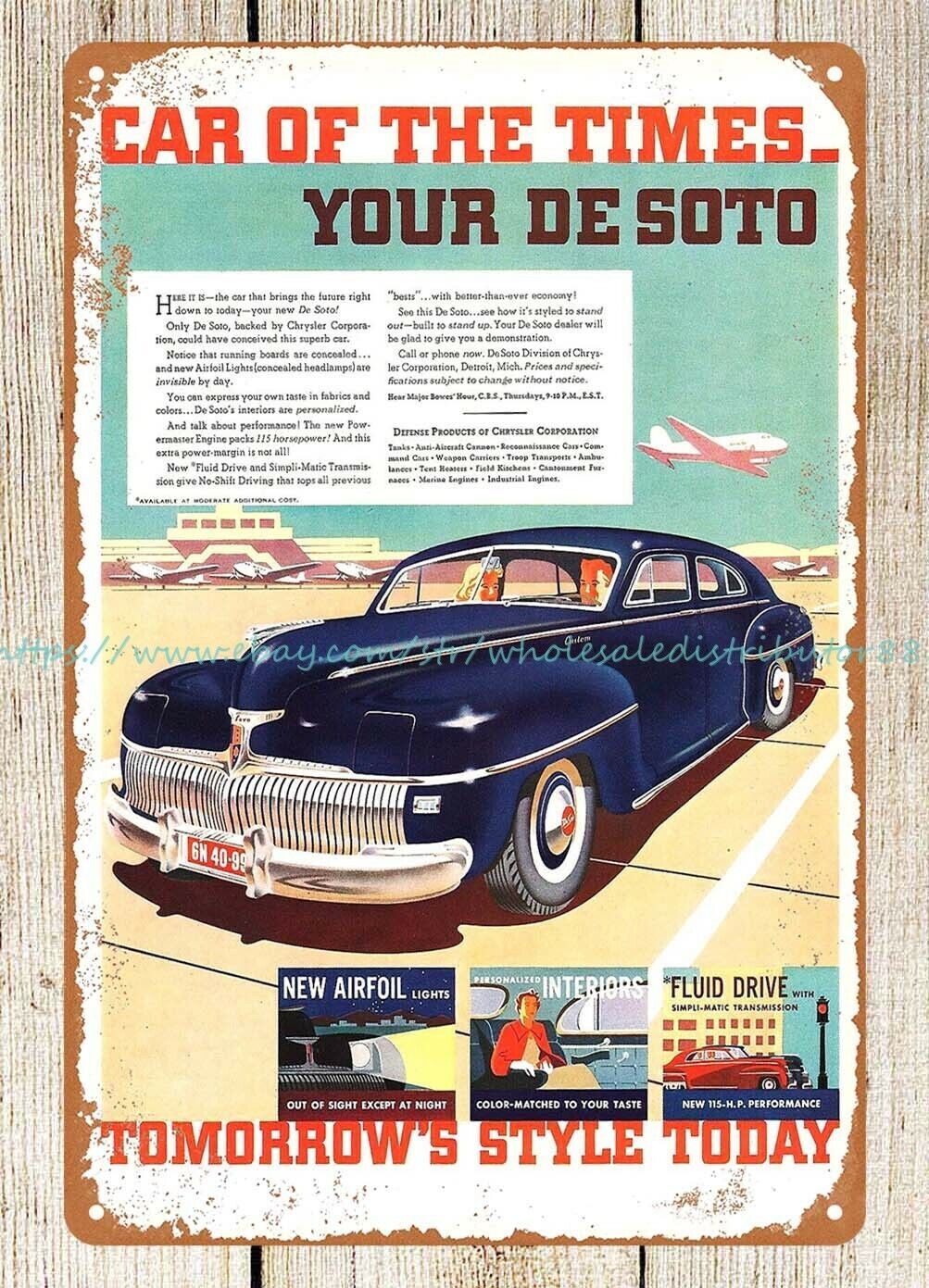 DE SOTO from 1941 Car of the Times blue Custom at airport metal tin sign