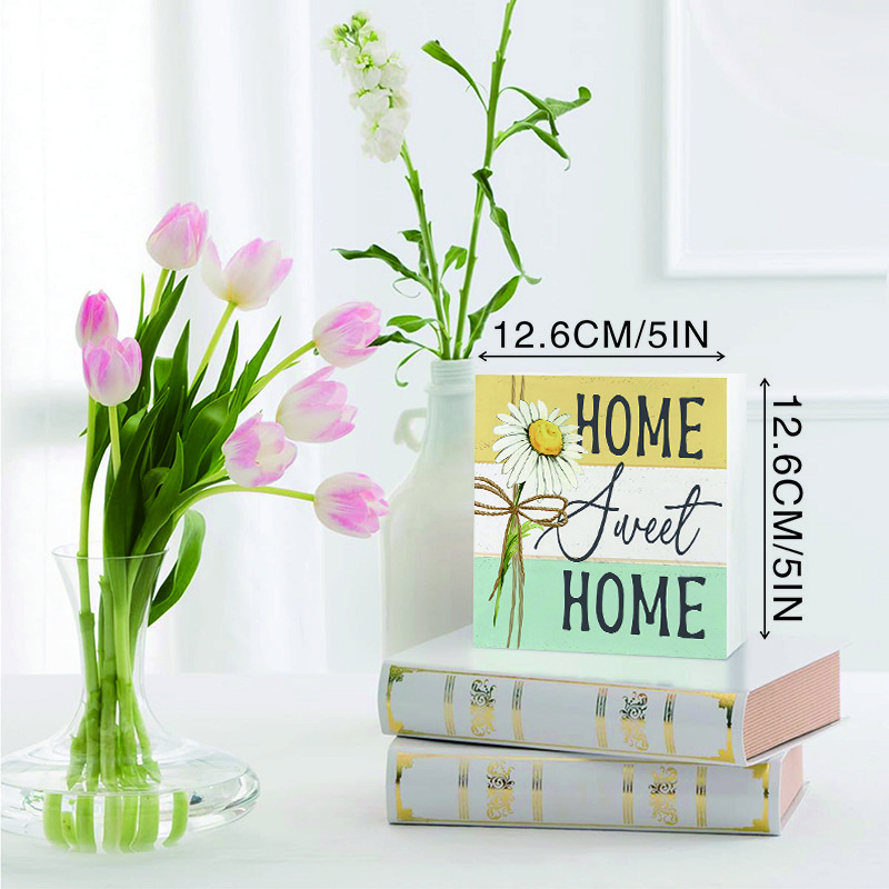 2D Desktop Square Daisy Flower Art Wooden Sign Home Office Room Decoration Gift