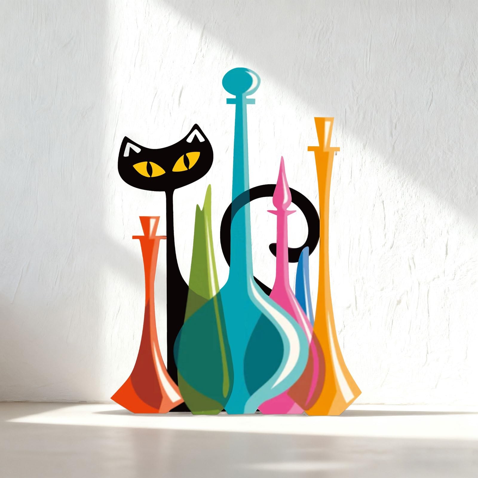 Cat Metal Wall Art Decor Mid Century Modern Atomic Cat Colorful Glass Decante…
