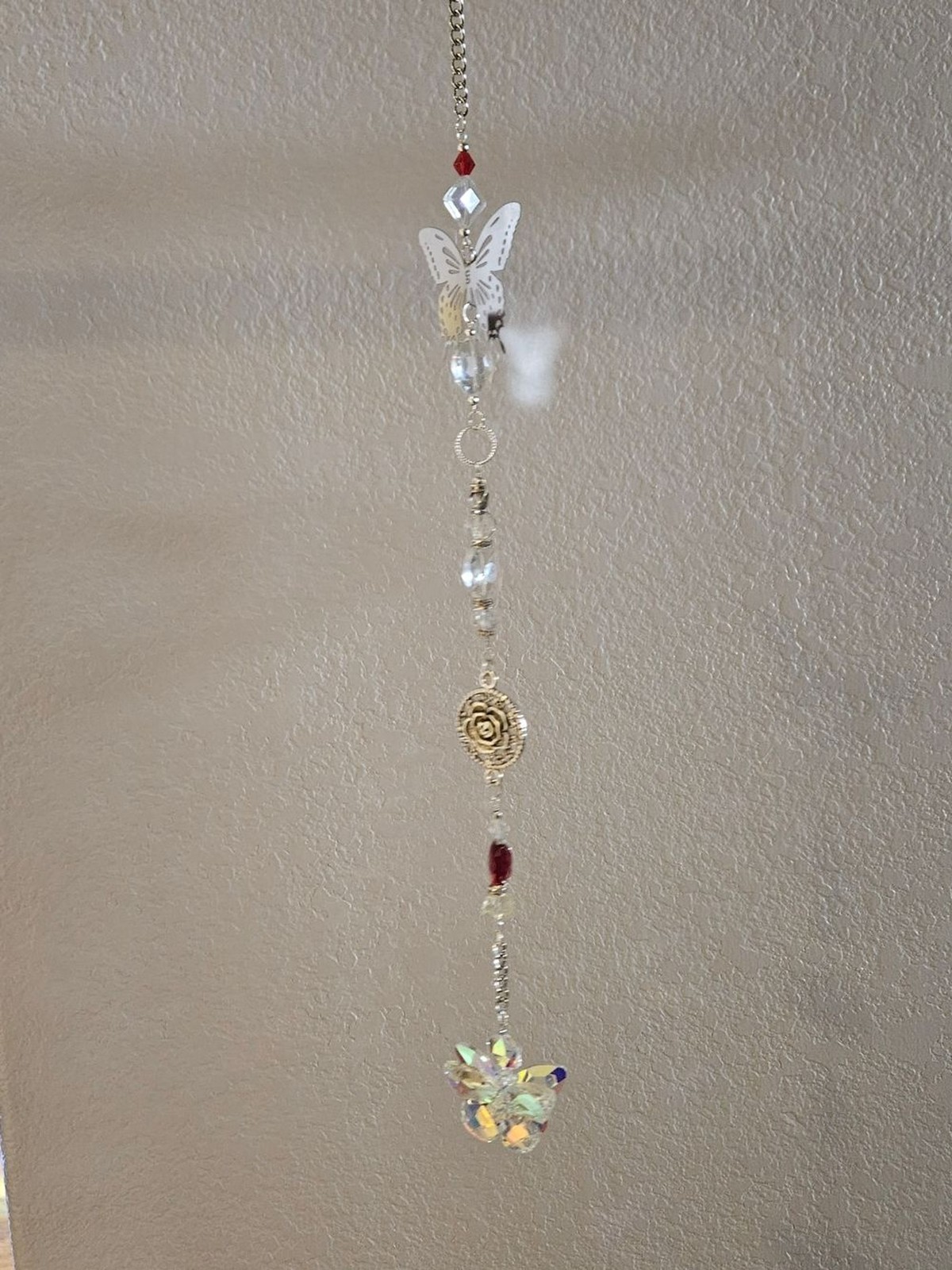 Crystal Butterfly and Heart Hanging Suncatcher Decor – Silver with Red Accents