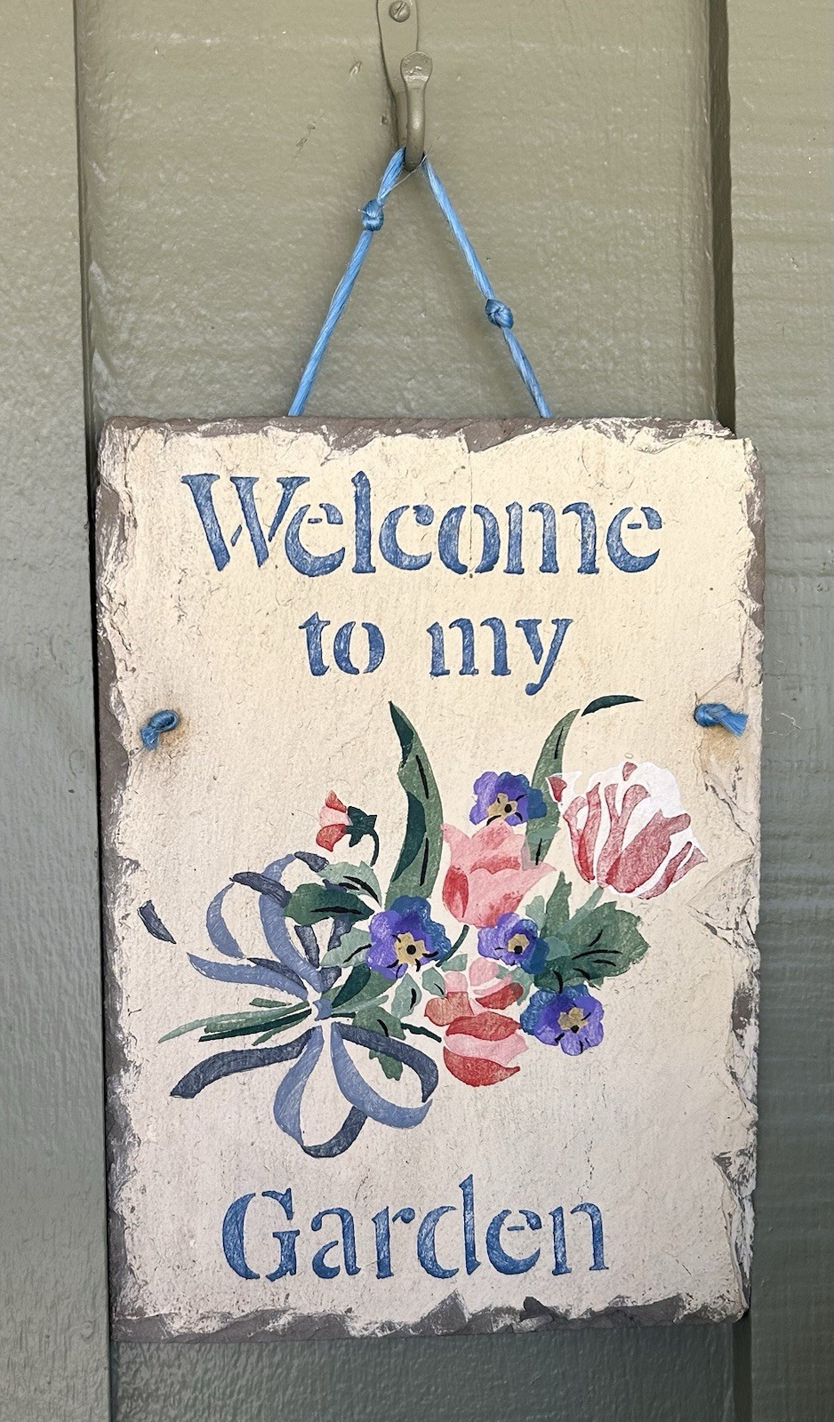 Spring! “Welcome to My Garden” Slate Sign Handpainted Pastels Flowers