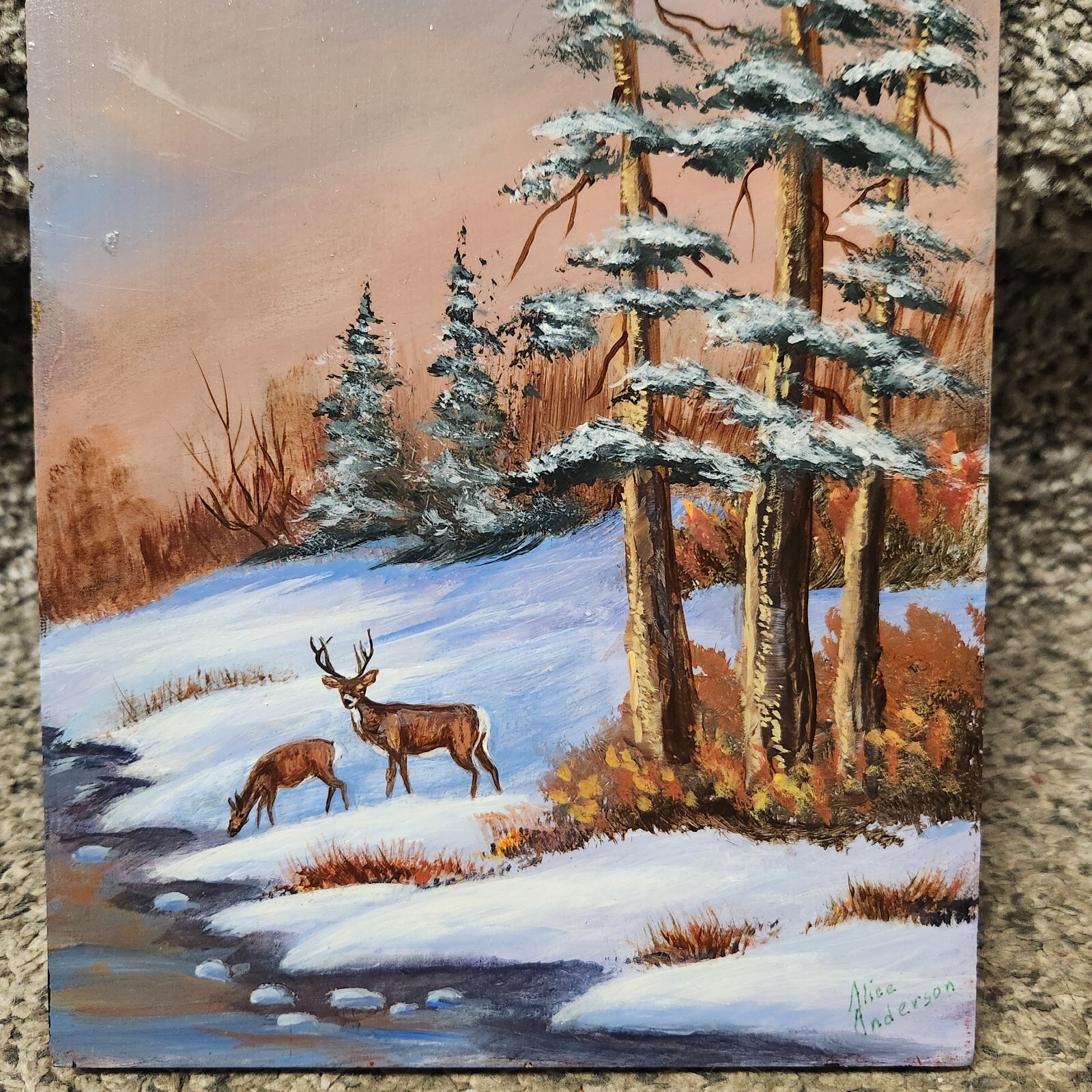 Hand Painted Signed Alice Anderson Wall Plaque Wildlife Deer In Woods 9-7/8 X 6″