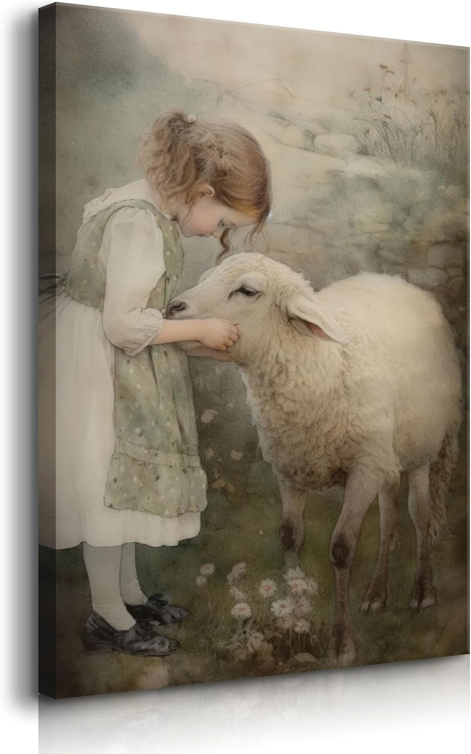 Shepherdess Wall Art Vintage Sheep Canvas Wall Decor Nordic Farmhouse Girl Lamb