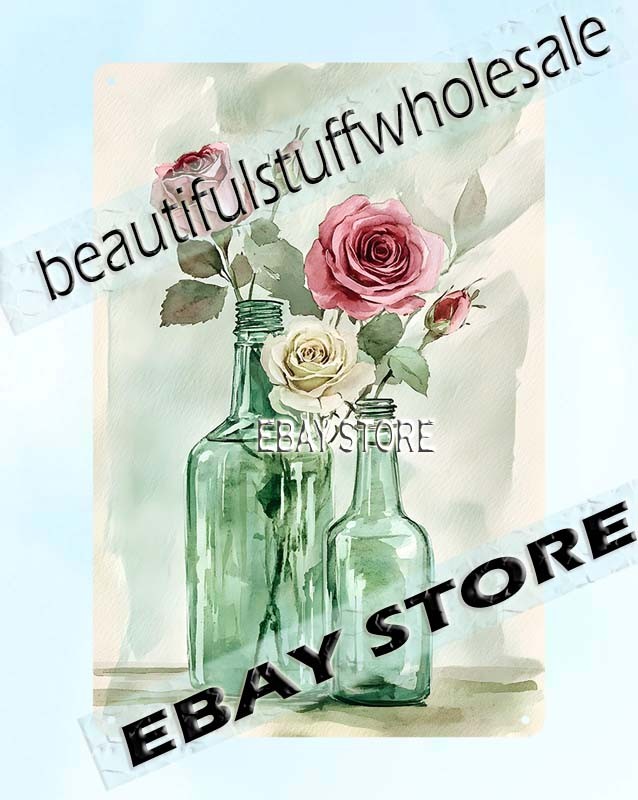 Flower Bottles Tin Sign Vintage soft pastel cottage garage shop wall decor