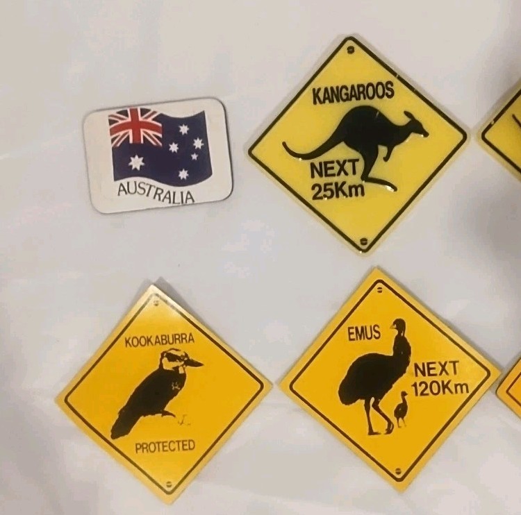 Australian Flag Road Sign Magnets Wombats, Emus, Koalas, Kangaroos, Kookaburra