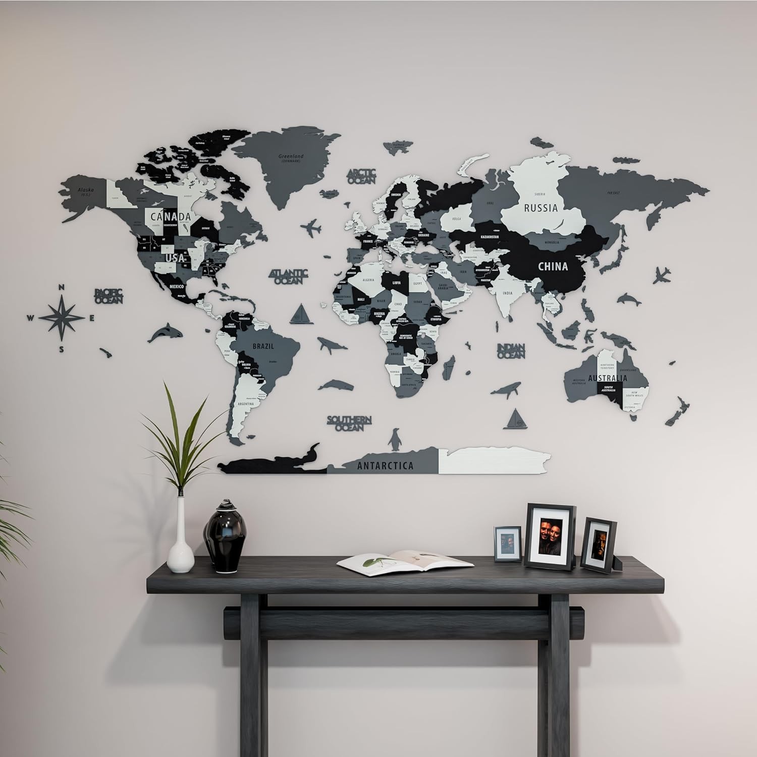 3D Wooden World Map Wall Art Unique Travel Pin Decor for Home Office Grey Medium