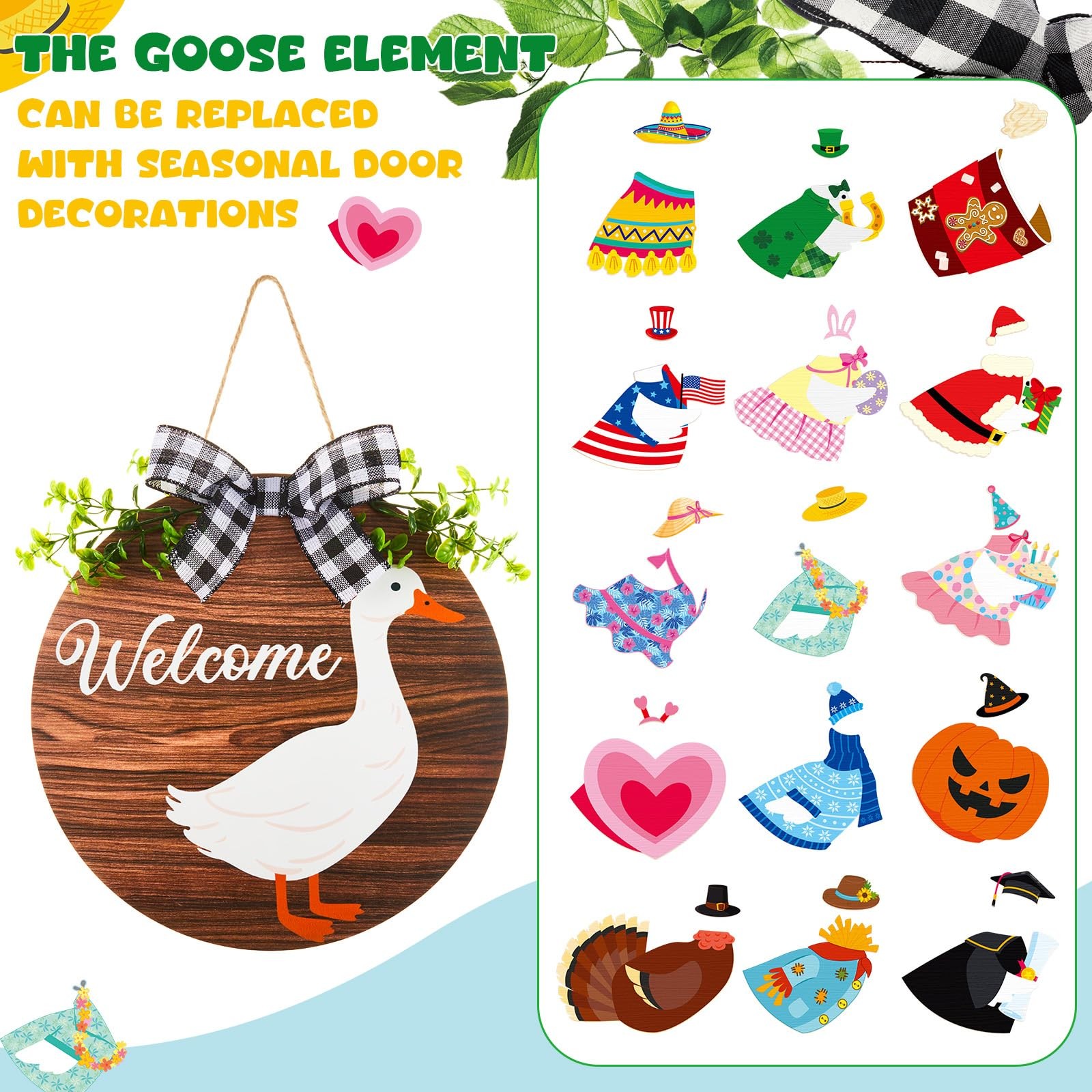16 Pcs Patriotic Interchangeable Goose Welcome Sign for Front Door 4th of Jul…
